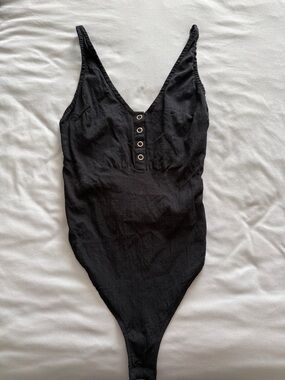 Free People Black Ribbed V-Neck Bodysuit with Eyelet Placket
